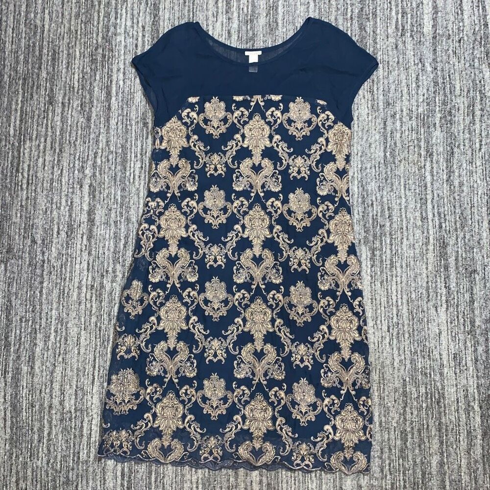 Sundance Women's Size Small Blue Gold Embroidered A Line Midi Dress Short Sleeve